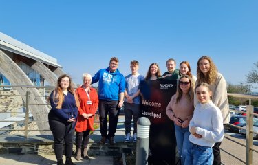 Business students outside the Launchpad studio