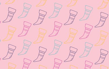 Pink banner with line drawn stockings in multi-colour