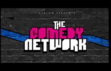 The Comedy Network logo on a background of black bricks with a blue zigzag going through the middle