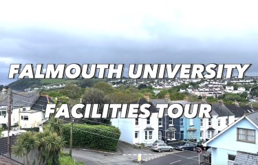 View of Falmouth houses with the text 'Falmouth University Facilities Tour' overlayed