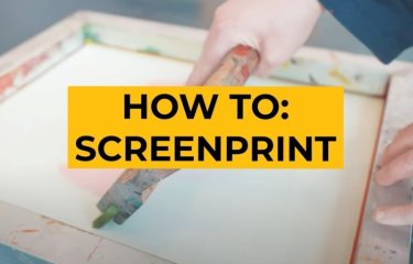 Photo of hands over a screen printing board with yellow box on top with the words 'How to: screen print' overlaid.