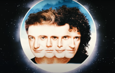 White moon on black starry background with the faces of each member of Queen overlapping in the centre.