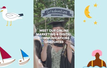 Image of a graduate at gradutation in cap and gown with textover the top: Meet our online marketing and digital communications graudates 