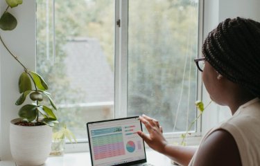 A woman working at a laptop by a window next to a plant and calculator