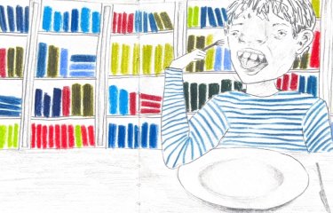 Illustration of a boy eating off a plate with a colourful bookcase behind him