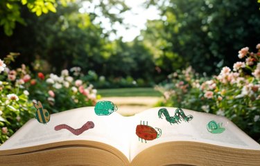 An open book with the garner in the background and illustrative images of bugs dancing on the book