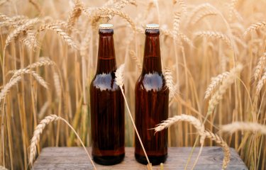 Two brown bottles on a table set against a wheat field backdrop