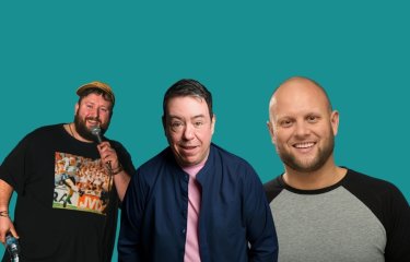 A photo montage of 3 comedians headshots against a sea green backdrop
