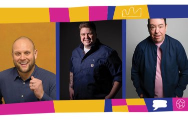 3 comedian headshots in a line inside a colourful illustrated template with different shapes and icons