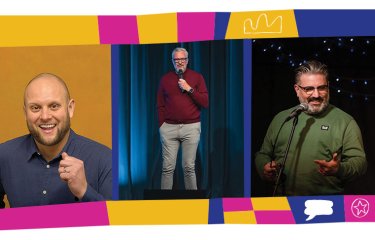3 comedian headshots in a line inside a colourful illustrated template with different shapes and icons