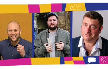 3 comedian headshots in a line inside a colourful illustrated template with different shapes and icons