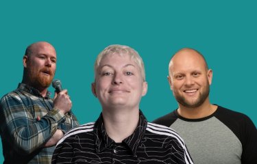 A photo montage of 3 comedians headshots against a sea green backdrop