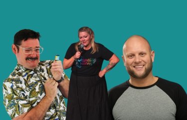 A photo montage of 3 comedians headshots against a sea green backdrop