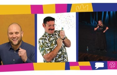 3 comedian headshots in a line inside a colourful illustrated template with different shapes and icons