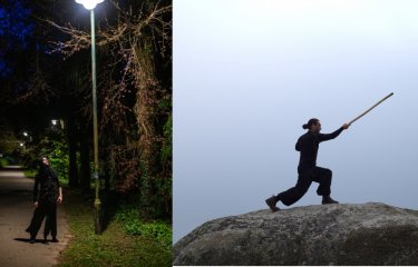 Two images side by side of two dancers. One on a dark footpath looking up at a light and one on top of a hill during the daytime
