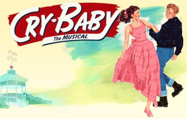 An illustrative image of two people dancing with a bandstand in the background in the style of a 1950s poster design