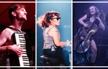 A trio of images of musicals playing the accordion, drums and cello