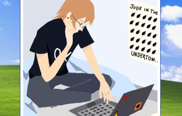 An illustrative picture of a person sat on the floor with a laptop computer in front of them