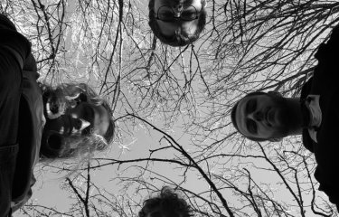 Four musicians looking down at the camera with black and white trees above them
