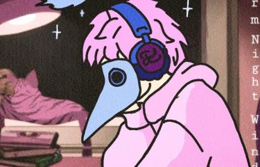 An illustrative image of a bird dressed in pink clothing with headphones on
