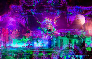 an AI generated image with lots of purple, green and blue colours