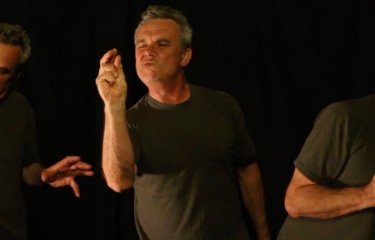 A photo montage of the actor Paul Morel posing in 3 different positions for the show King Lear