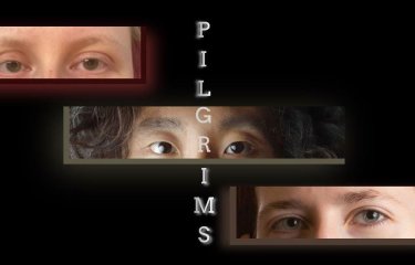 3 letter box style images of peoples eyes with the text 'Pilgrims' overlayed in the centre