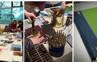 Photos of books and people book binding