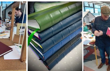 People book binding and a stack of books