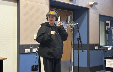 A Musical Theatre student in the recording studio at Falmouth University