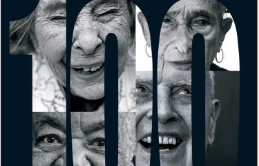 Guardian Saturday magazine cover of elderly people's faces in the shape of 100