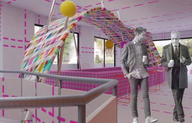 Two figures walking with coffee cups through digital interior