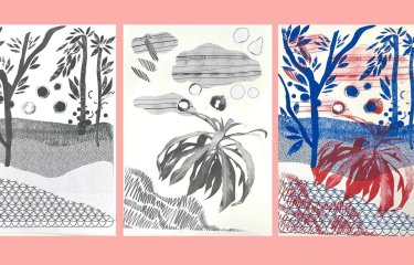 A triptych of risograph stages with trees and plants