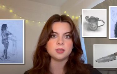An image of a young woman talking to camera with examples of her artwork overlayed on the screen