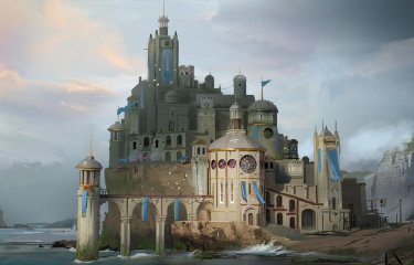 Game art design of a large castle on the water