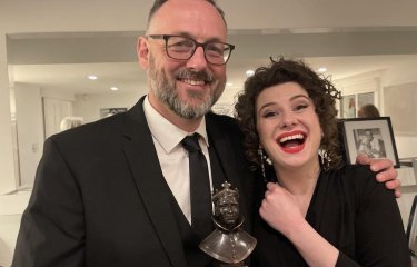 Simon Harvey and Isobel McArthur pose with their Olivier Award