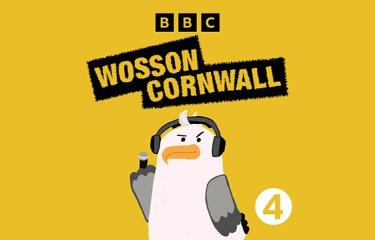 An animation of a seagull wearing headphones with the text 'Wosson Cornwall' displayed on a yellow background