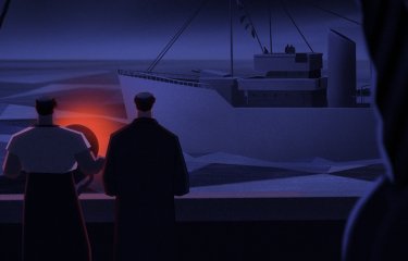 Still from short animation Middle Watch: view of two men on a boat shining a light at an oncoming ship