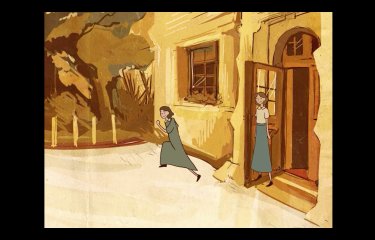 Animation: a student skips joyfully out of a school