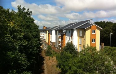 A building opposite train tracks and surrounded by trees