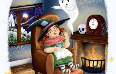 Illustration of a witch sitting in a chair by a fire with a white ghost