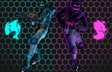 Two characters from opposing teams on the FPS game Blade Gunners. One man wears blue, the other purple. Both carry guns