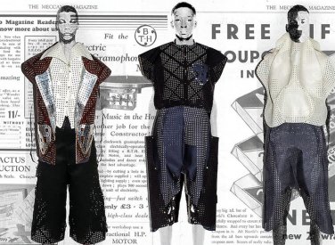 Drawing of three men wearing netted clothing with a newsprint background