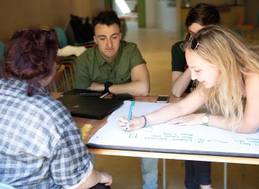 Students writing ideas down on a big pad on a table