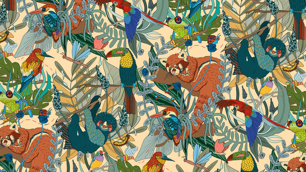 Textile design of monkeys, parrots and leaves