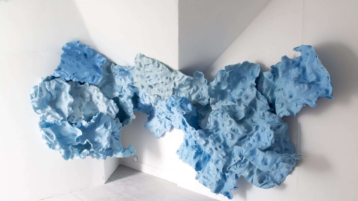 Falmouth University Fine Art installation of blue abstract sculpture