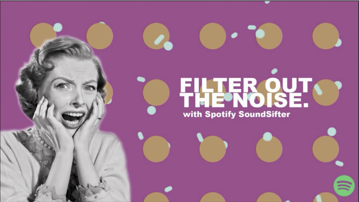 Creative Marketing Comms - Filter the noise A 1950s woman looking shocked in front on purple background