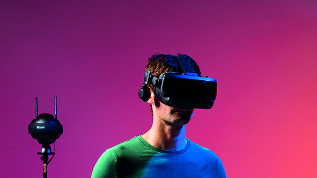 Virtual Reality at Falmouth Student wearing VR headset