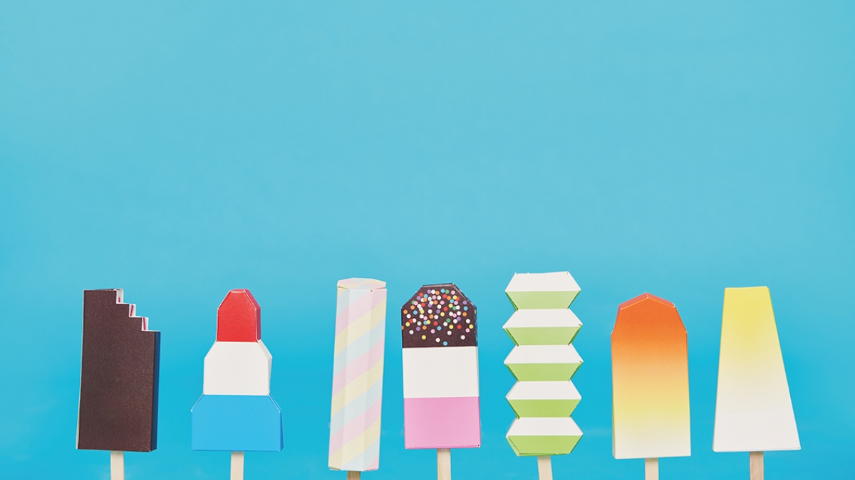 Illustrations of different ice lollies on a blue background