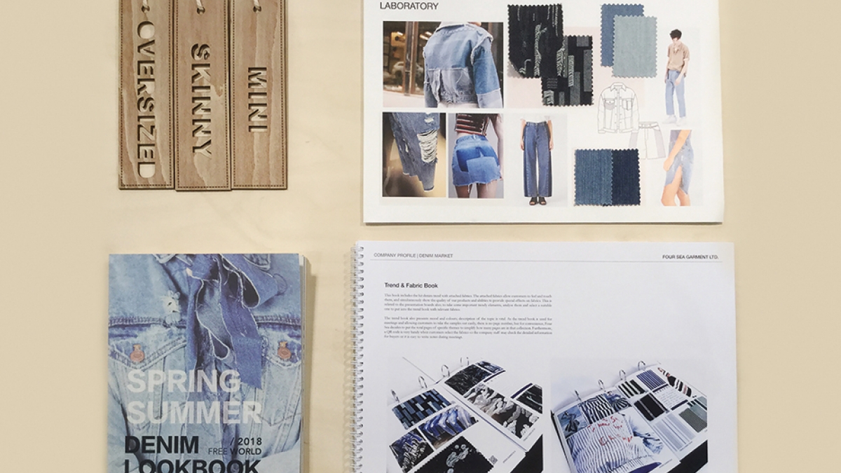Denim moodboards and lookbook, laser cut wooden tags.